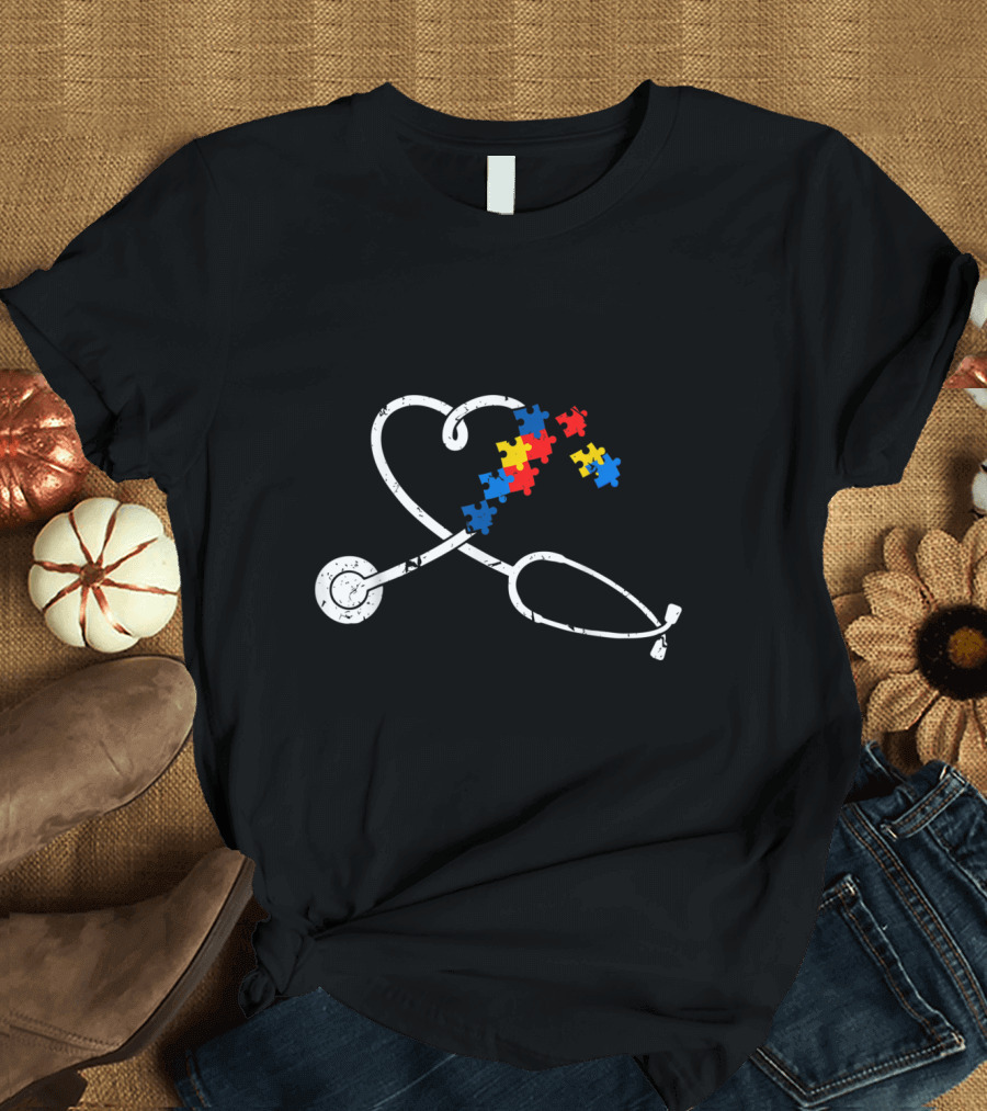 Nurse Autism Puzzle Stethoscope Heart T-Shirt