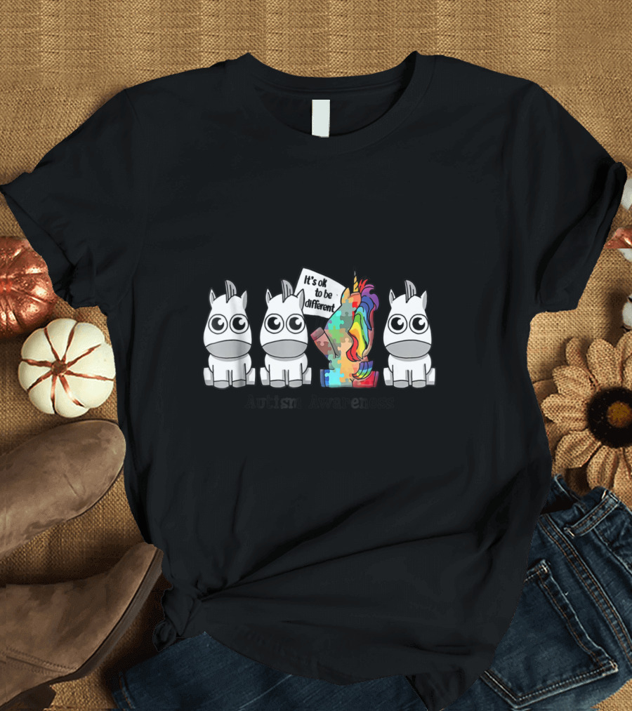 It's ok to be different Autism Awareness Unicorn Colorful Puzzle Pieces T-Shirt