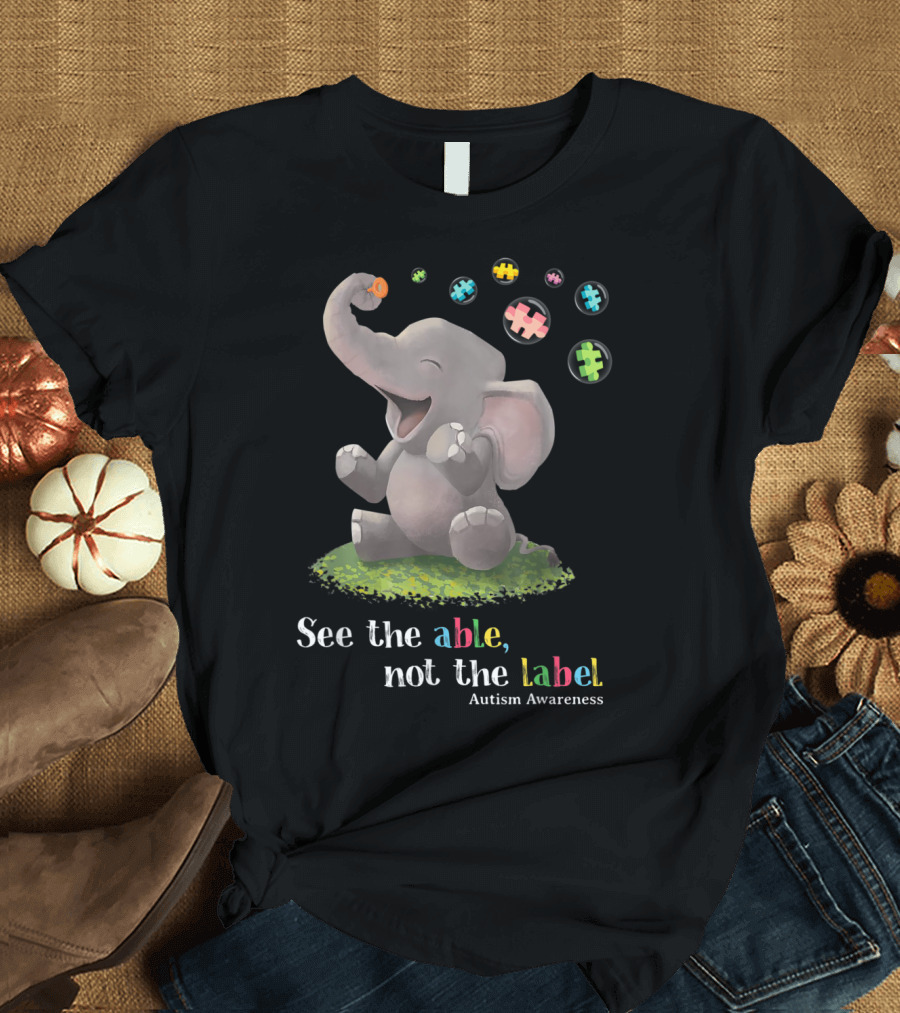 See the Able Not the Label Cute Elephant Autism Awareness Puzzle Bubbles T-Shirt