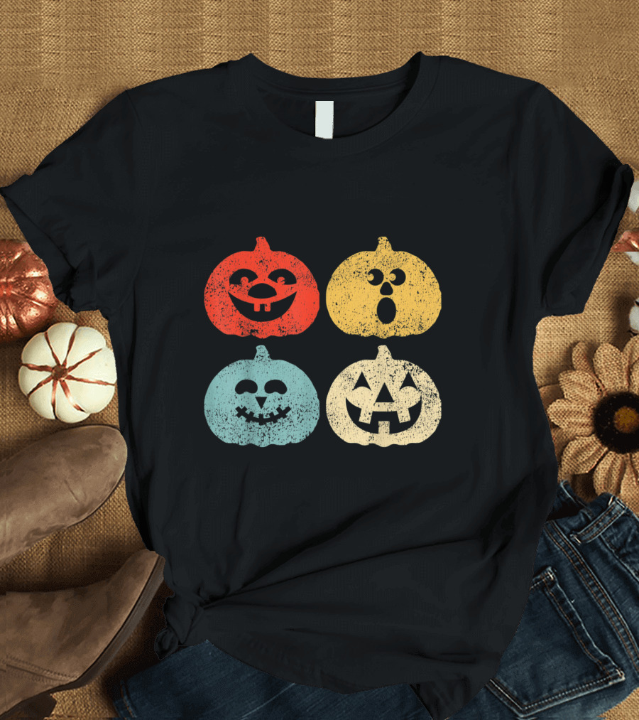 Vintage Halloween Pumpkin Faces Retro Colorful Quartet T-Shirt
