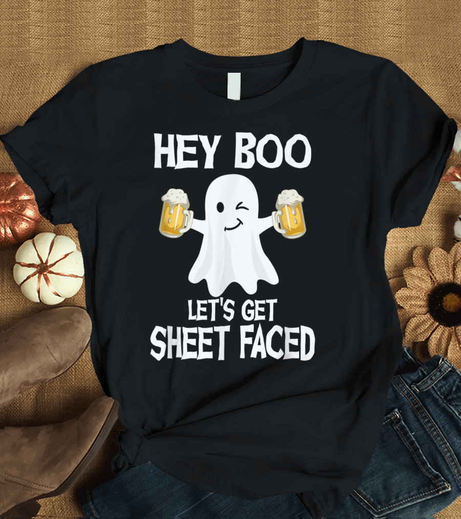 Hey Boo Let's Get Sheet Faced Funny Halloween Drinking Ghost with Beer Mugs T-Shirt
