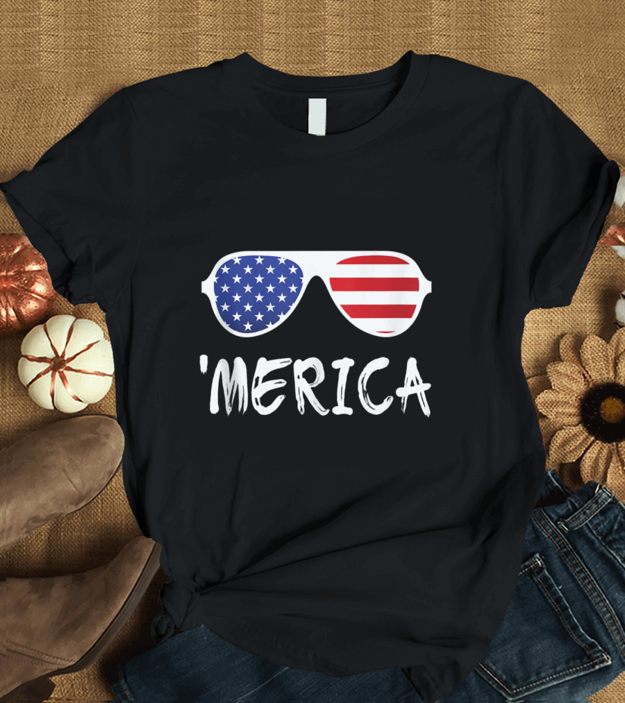 'Merica Patriotic American Flag Sunglasses Fourth of July T-Shirt