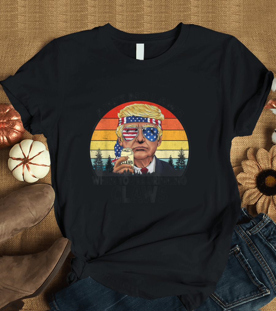 Ain't No Laws When You're Drinking Claws Retro American Flag Glasses and Headband T-Shirt