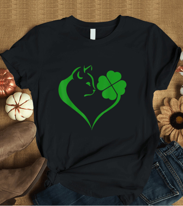 T-Shirt: Cat and Shamrock Heart St Patrick's Day Cat Lover T-Shirt Cat and Shamrock Heart St Patrick's Day Cat Lover T-Shirt