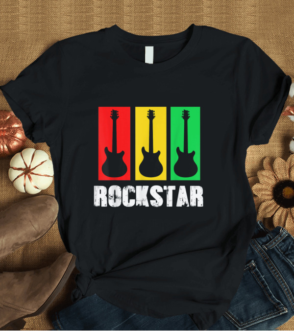 T-Shirt: Rockstar Kids Vintage Guitar Red Yellow Green Trio T-Shirt Rockstar Kids Vintage Guitar Red Yellow Green Trio T-Shirt