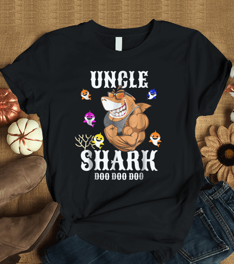 UNCLE SHARK DOO DOO DOO Funny Cartoon Parody with Sunglasses and Baby Sharks T-Shirt