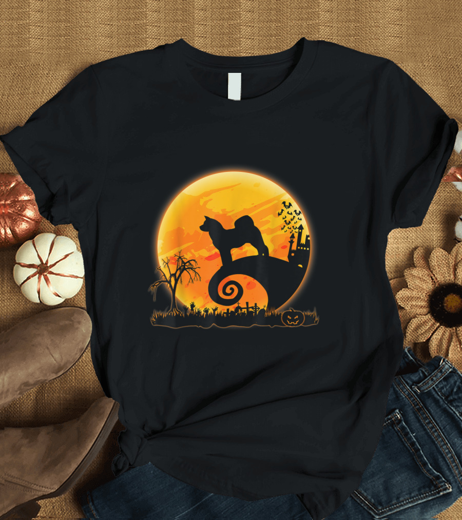 Akita Inu Dog Halloween Full Moon Nightmare Scene T-Shirt