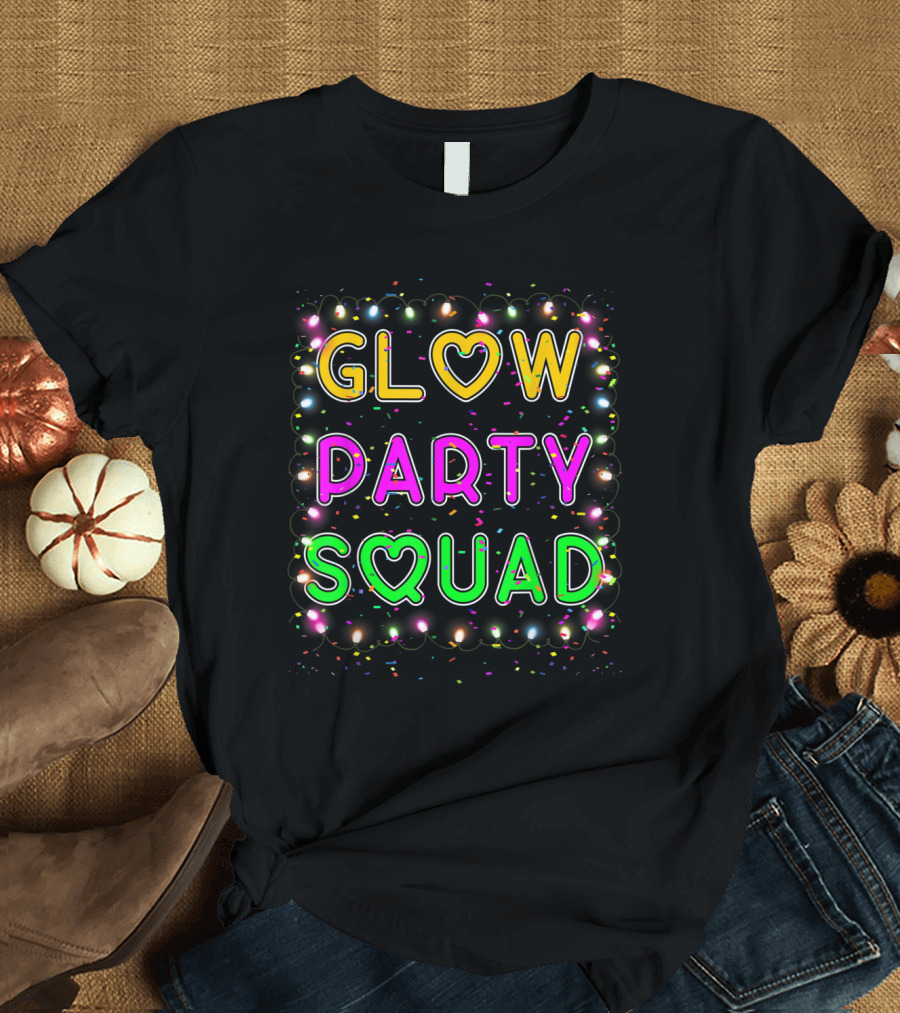 Glow Party Squad Neon Lettering with Paint Splatter Effect T-Shirt