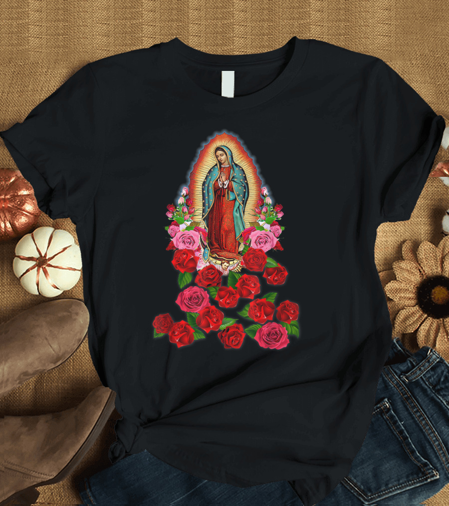 Virgin Mary Our Lady of Guadalupe Surrounded by Roses Catholic Saint T-Shirt