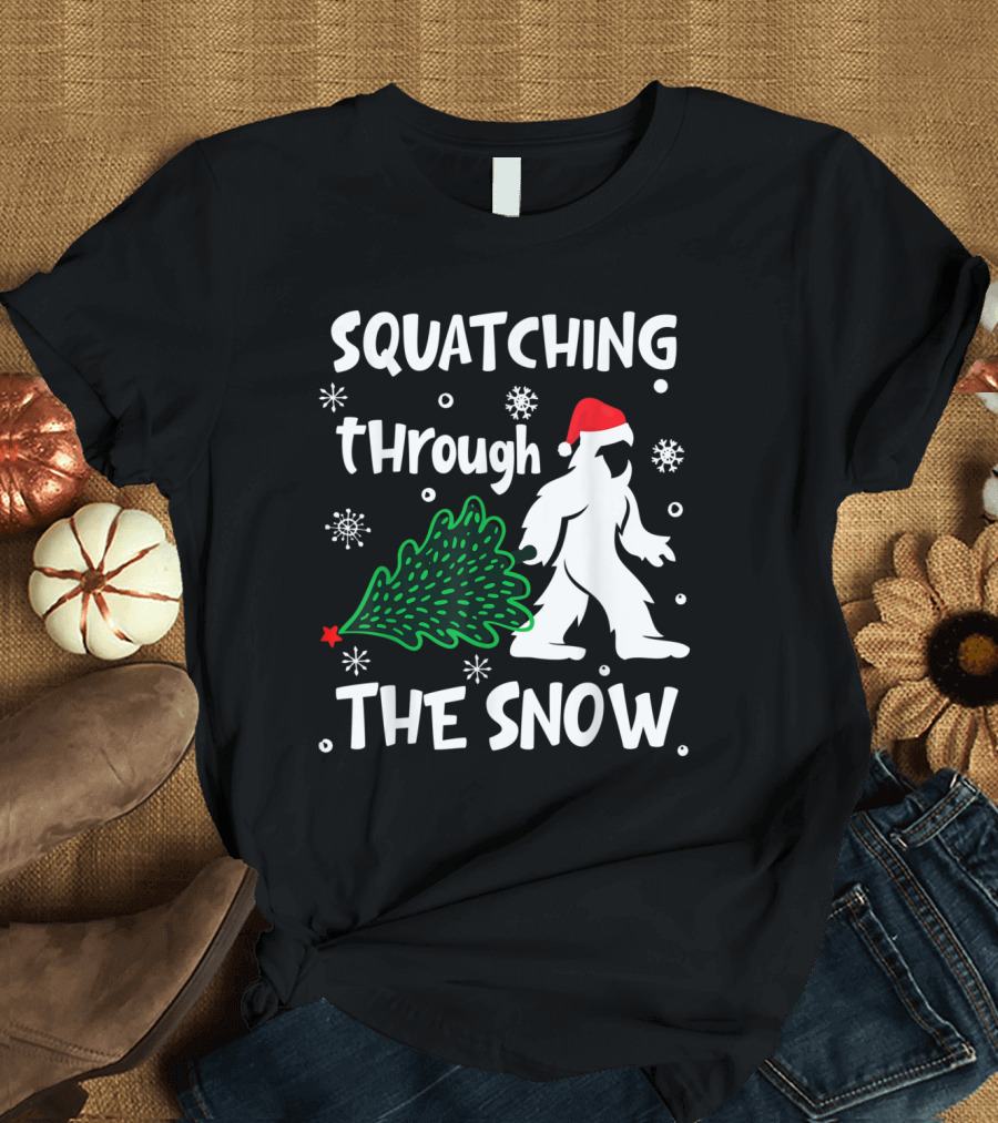 Squatching Through the Snow Christmas Sasquatch Santa Hat Tree T-Shirt