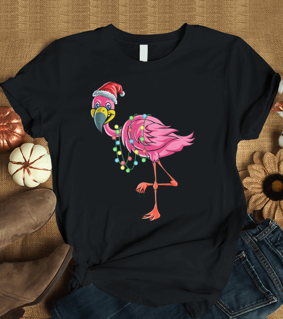 Christmas Flamingo with Santa Hat and Festive Holiday Lights T-Shirt