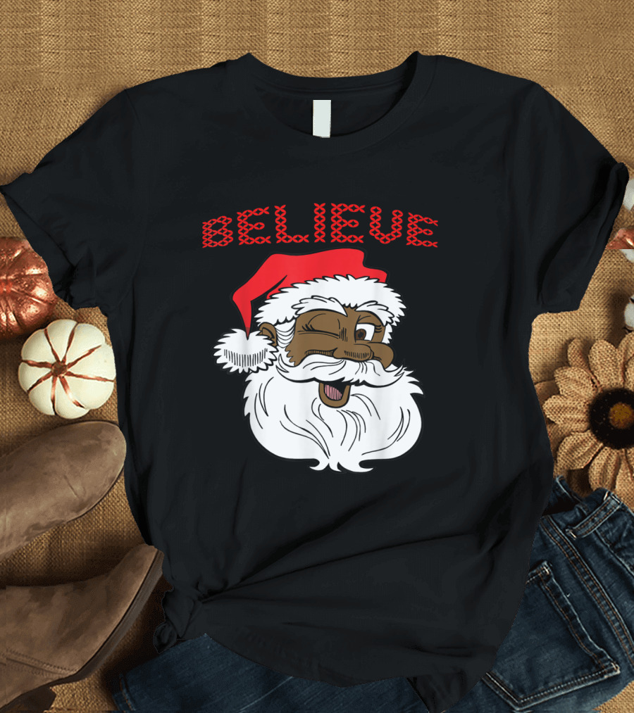 Believe Winking Santa Claus African American Christmas Fun T-Shirt