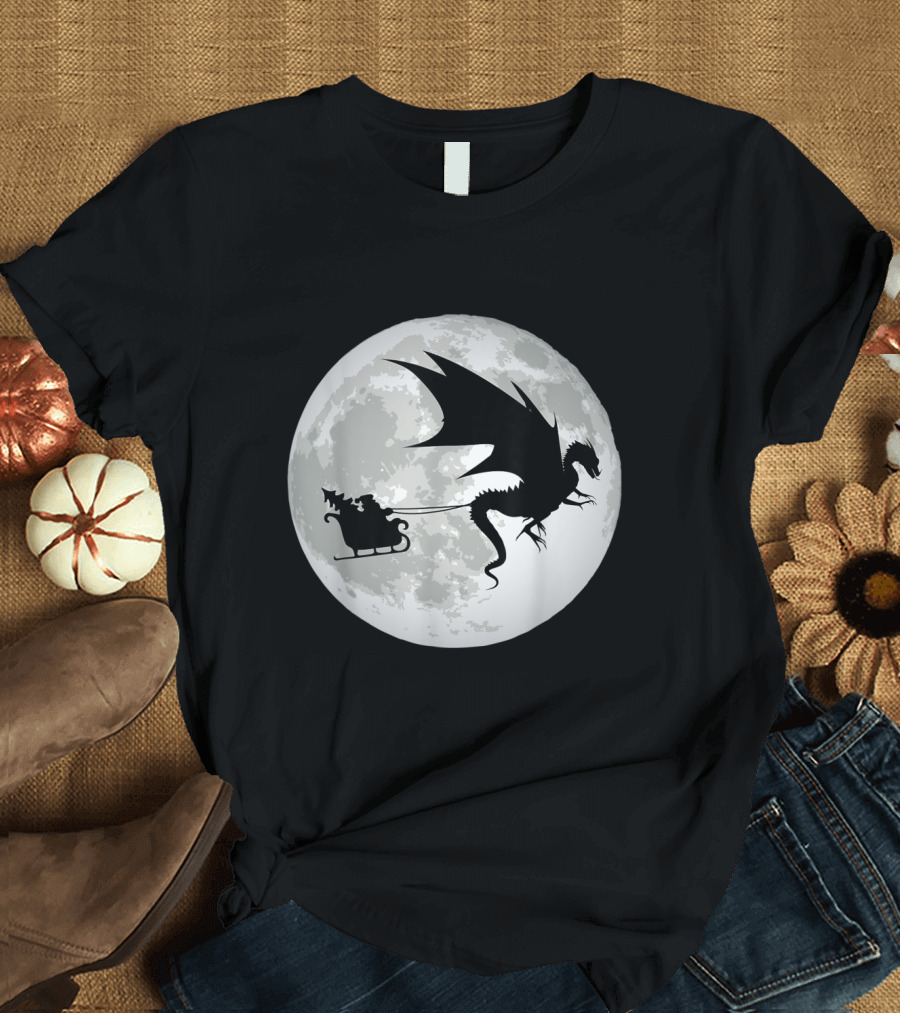 Christmas Santa Claus Dragon Sleigh Silhouette Flying Past the Moon T-Shirt