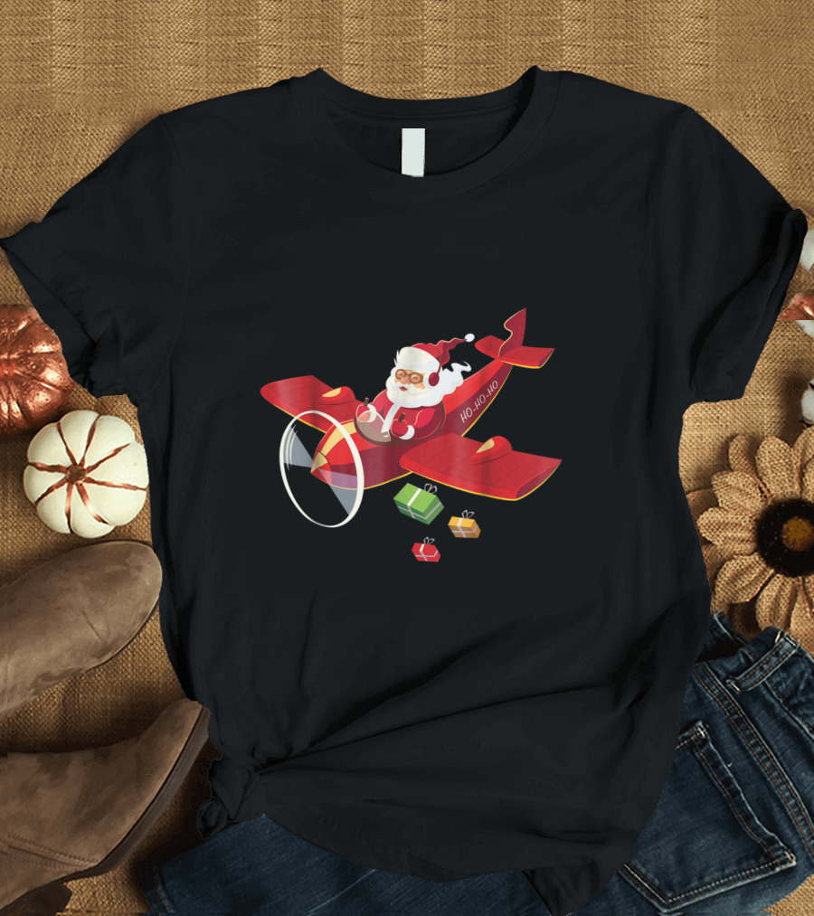 Santa Claus Ho Ho Ho Flying Airplane with Gifts T-Shirt