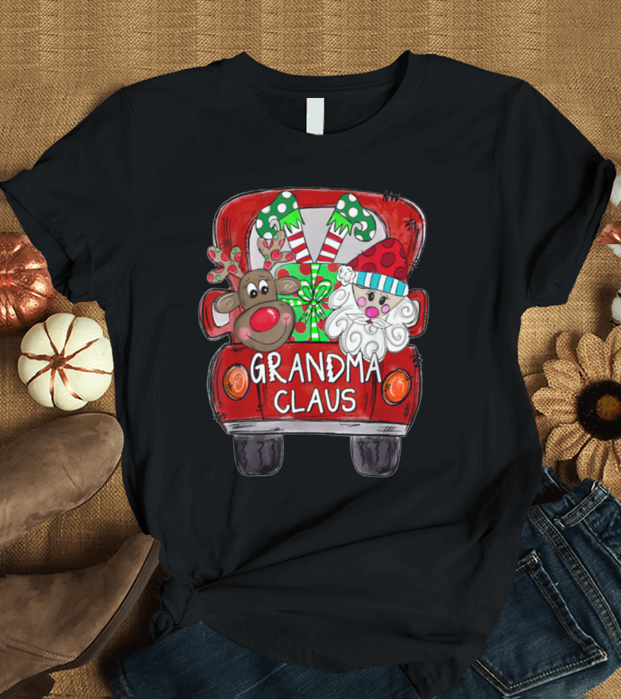 Grandma Claus Red Truck Reindeer Santa Elf Christmas T-Shirt