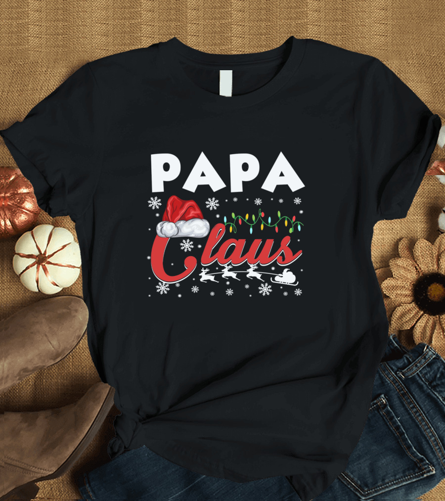 Papa Claus Christmas Matching Family Santa Hat Lights Reindeer Snowflakes T-Shirt