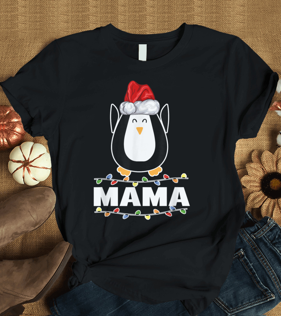Santa Claus Penguin Mama Christmas Ugly Party Holiday Lights T-Shirt