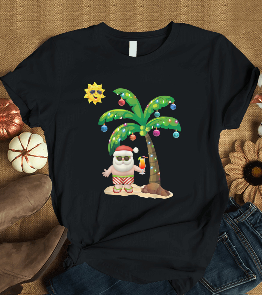 Mele Kalikimaka Aloha Santa Claus Under Palm Tree with Sunglasses Sun T-Shirt