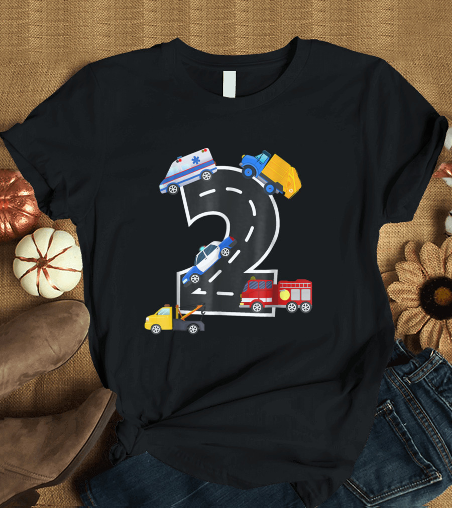 2nd Birthday Boys Fire Truck Police Car Ambulance Garbage Tow Truck 2 Year Old T-Shirt