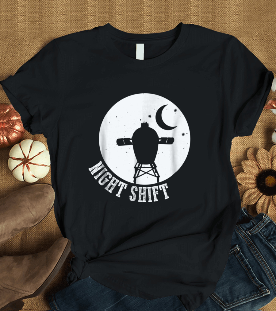 Night Shift BBQ Smoker Grilling Under Moon and Stars T-Shirt
