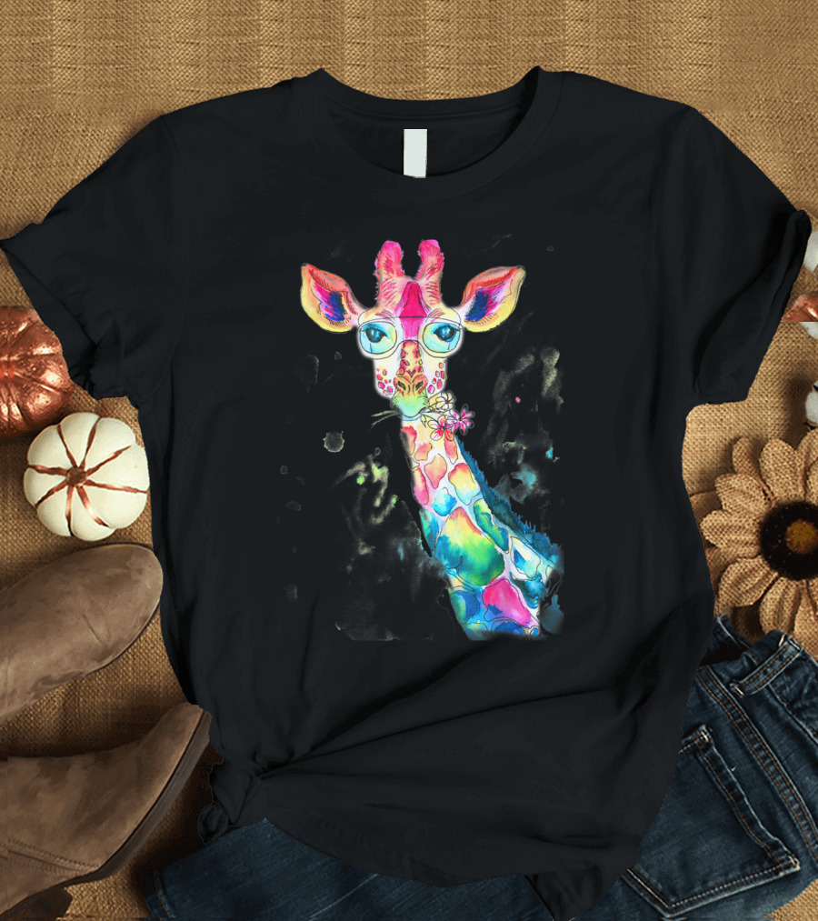 Bright Multicolor Watercolor Giraffe Glasses Girl Boy T-Shirt