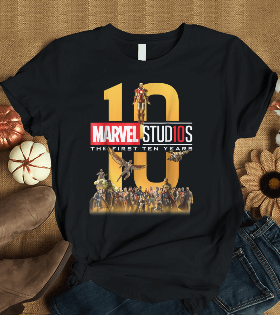 Marvel Studios 10 The First Ten Years Full Cast Iron Man Guardians of the Galaxy Avengers Doctor Strange T-Shirt