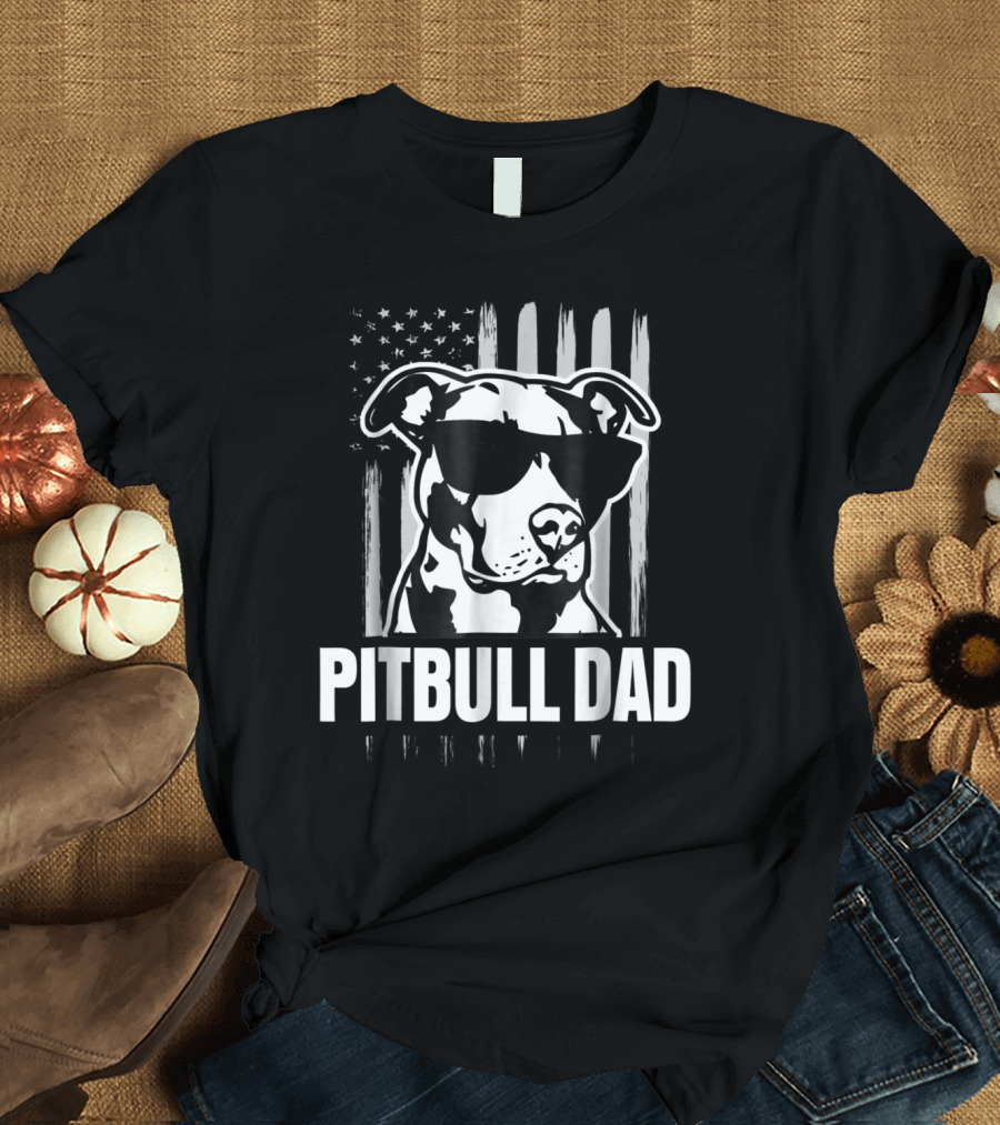 Pitbull Dad American Flag Sunglasses Dog T-Shirt