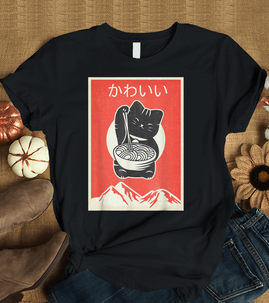 Vintage Kawaii Cat Ramen Anime Japanese T-Shirt