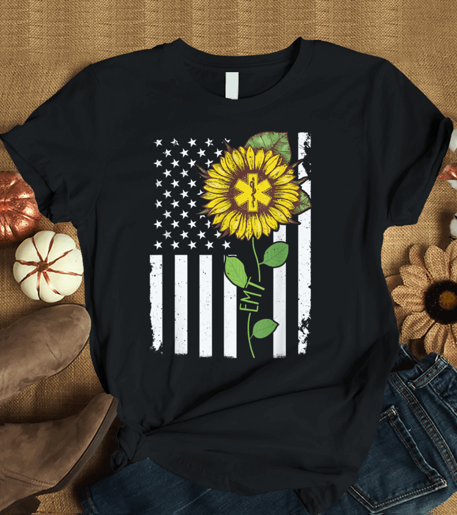 American Flag Sunflower EMT Hippie T-Shirt