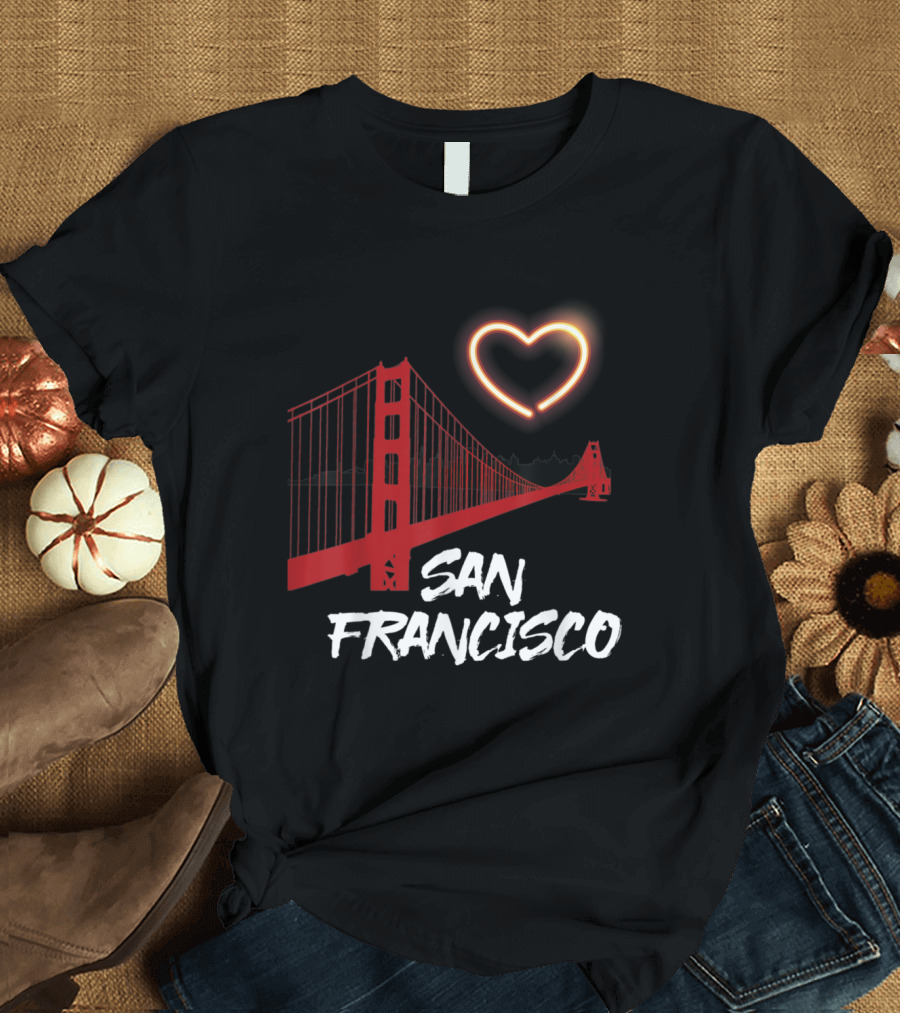 San Francisco Love Golden Gate Bridge with Neon Heart T-Shirt