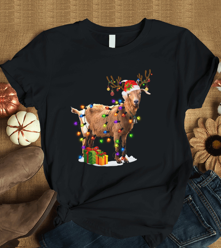 Goat Reindeer Christmas Lights with Santa Hat and Presents T-Shirt