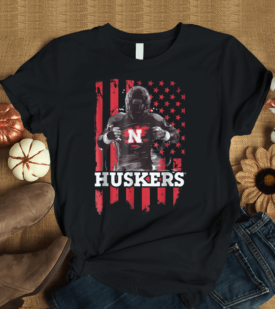 Huskers N Player American Flag Football T-Shirt