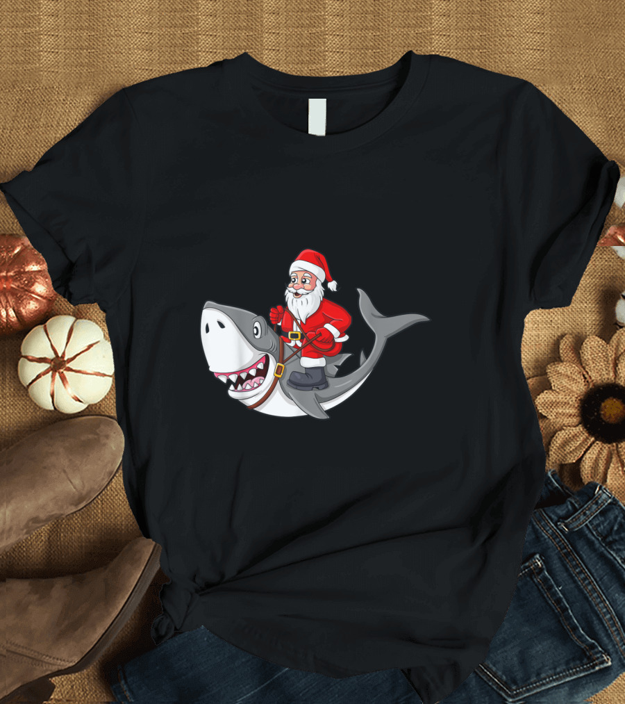 Santa Claus Riding Shark Christmas Holiday Fun T-Shirt