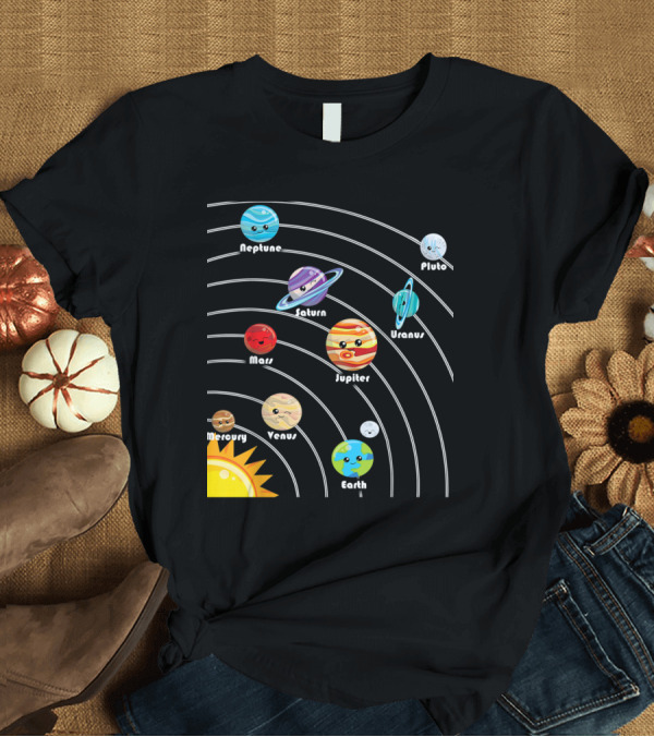 T-Shirt: Cute Playful Solar System Planets: Mercury Venus Earth Mars Jupiter Saturn Uranus Neptune Pluto T-Shirt Cute Playful Solar System Planets: Mercury Venus Earth Mars Jupiter Saturn Uranus Neptune Pluto T-Shirt