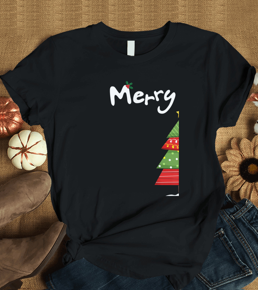 Merry Christmas Funny Couples Tree with Holly T-Shirt