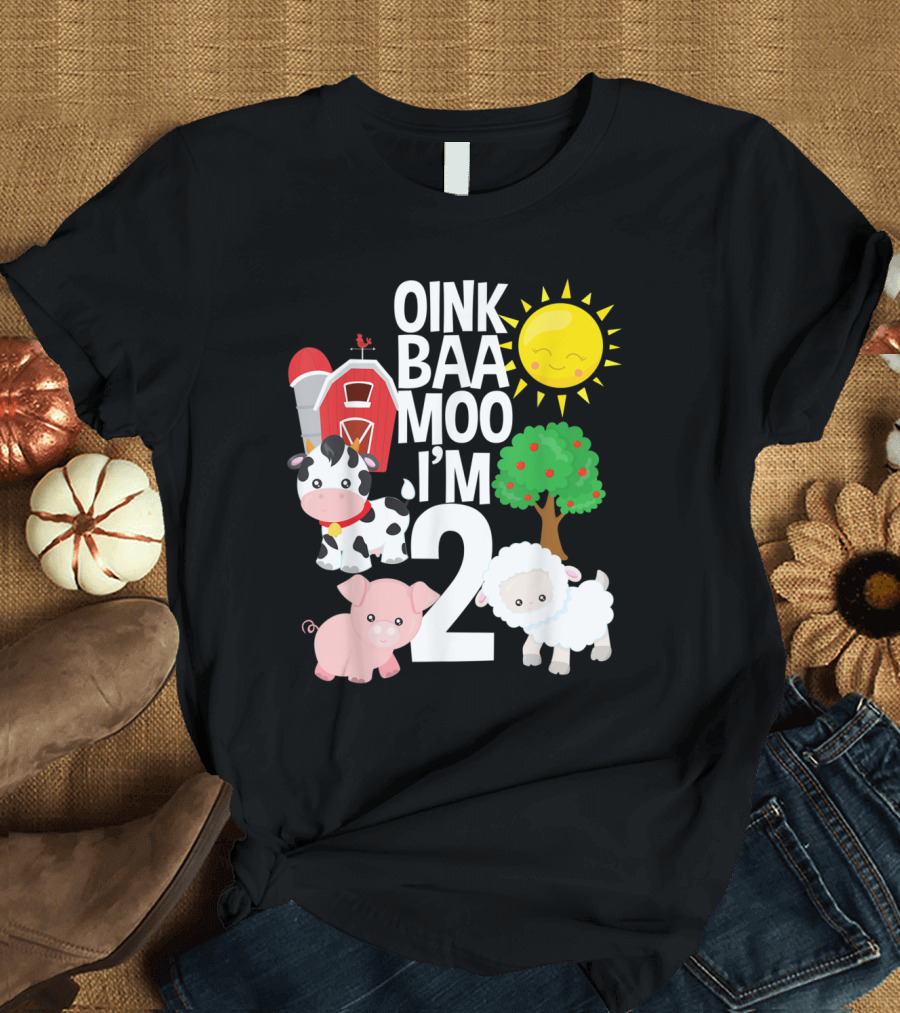 Oink Baa Moo I'm 2 Farm Theme Birthday Sun Barn Cow Pig Sheep Tree T-Shirt