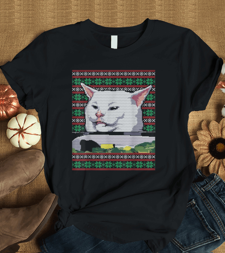 Ugly Christmas Sweater Meme Woman Yelling at Cat with Festive T-Shirt