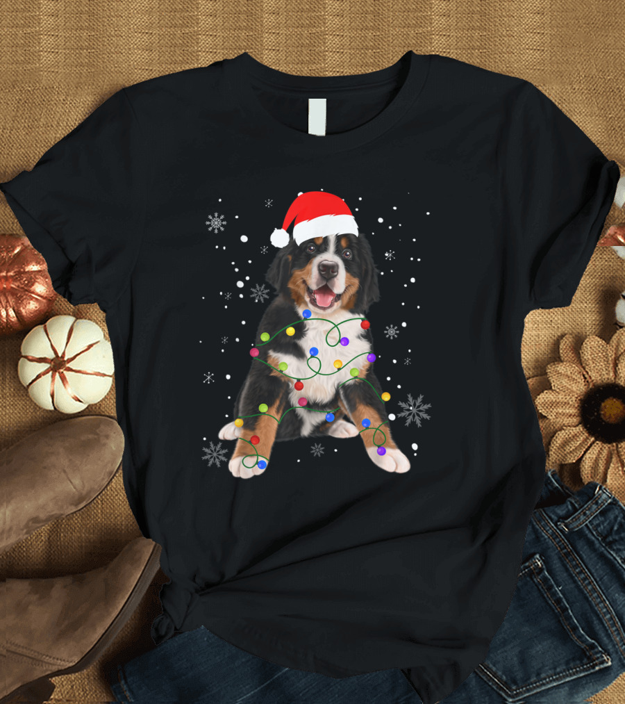Bernese Mountain Dog Christmas Lights Snowflakes Santa Hat T-Shirt