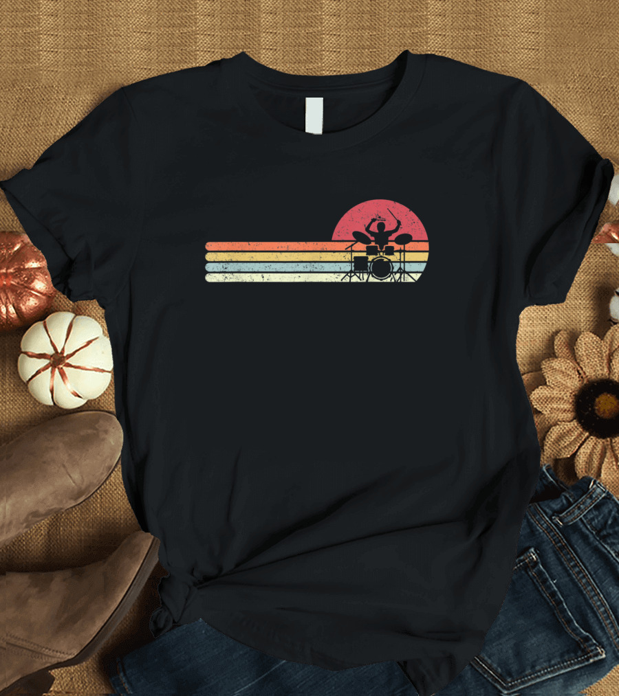 Retro Sunset Drummer Silhouette Drum Player T-Shirt