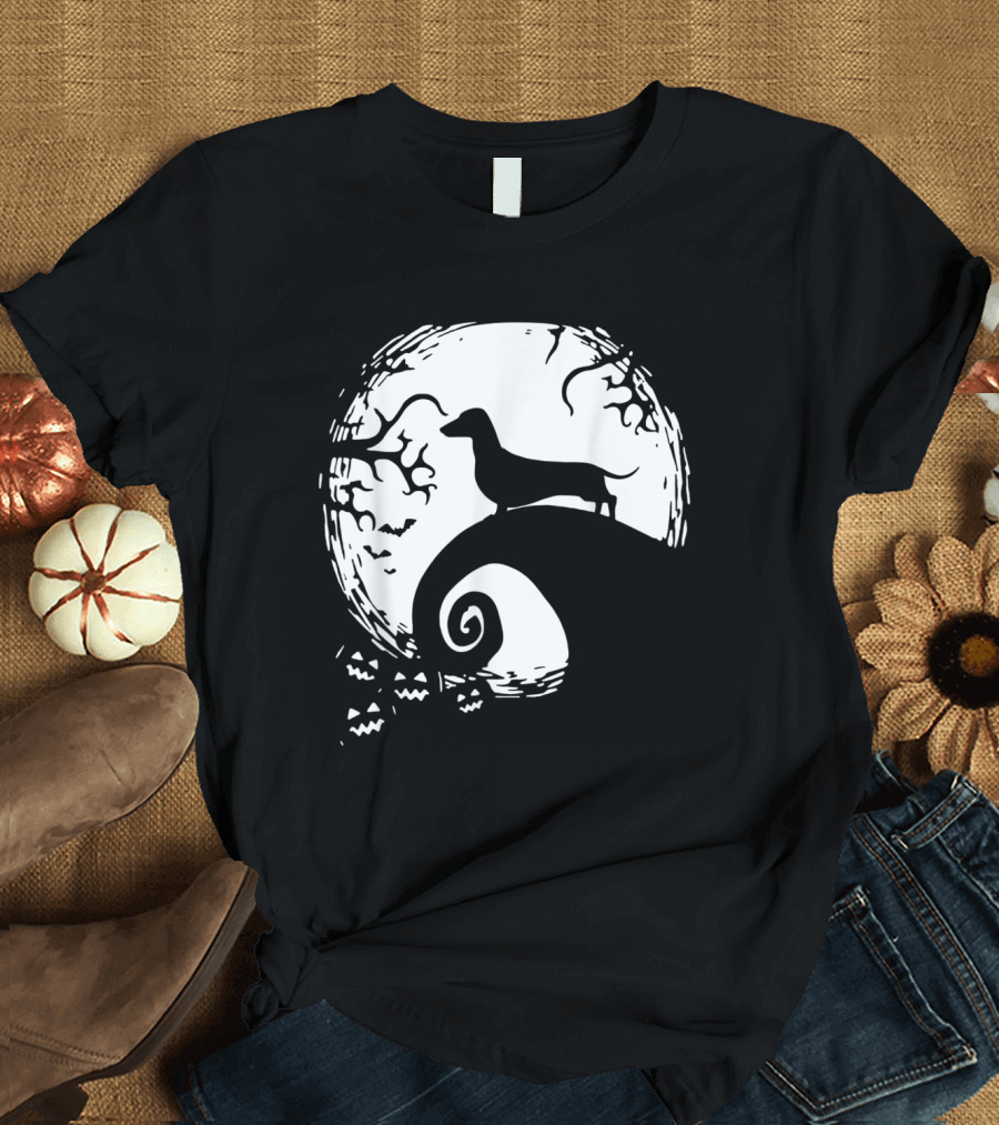 Dachshund Silhouette on Spiral Hill with Moon and Jack-O'-Lanterns Halloween Scene for Dachshund Lovers T-Shirt
