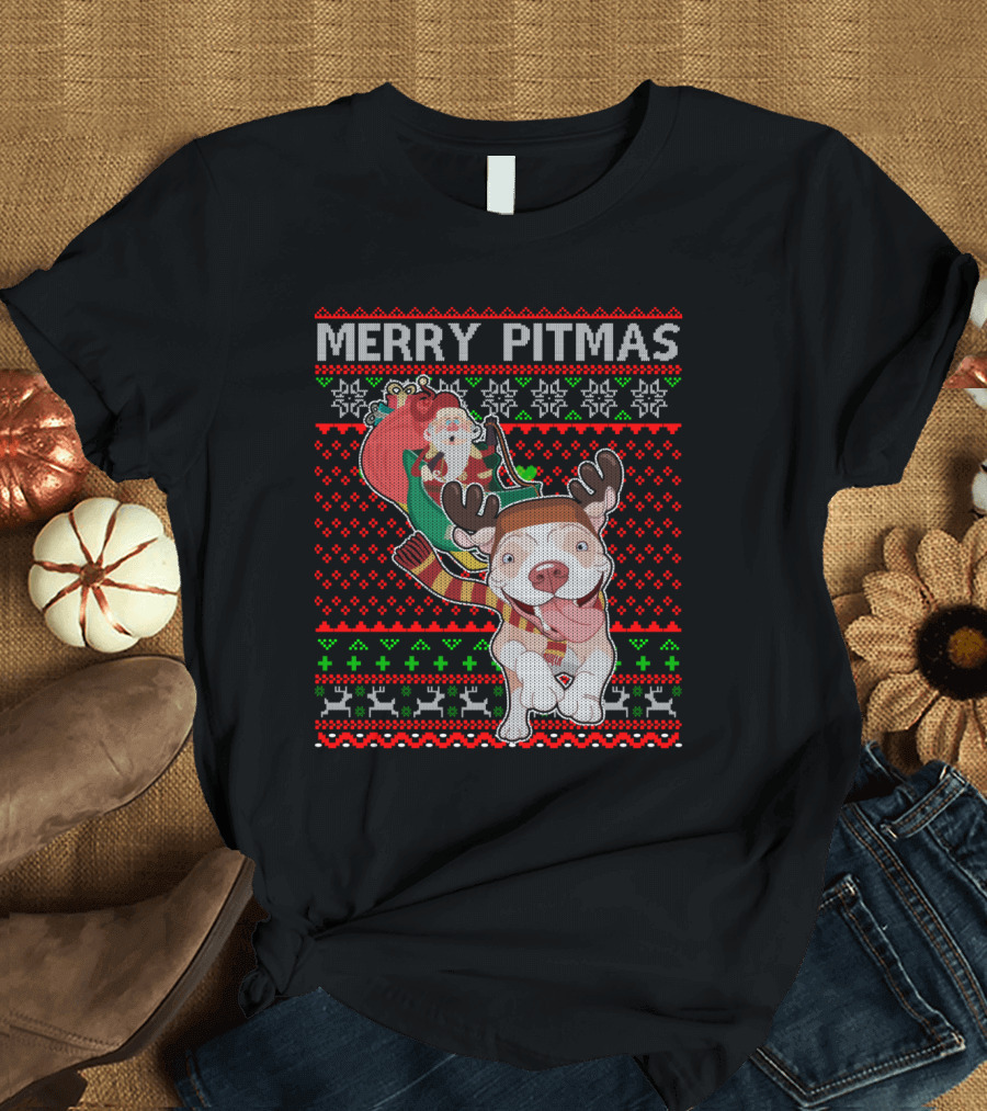 Merry Pitmas Ugly Christmas Sweater Pitbull Dog with Santa Hat and Reindeer Antlers T-Shirt
