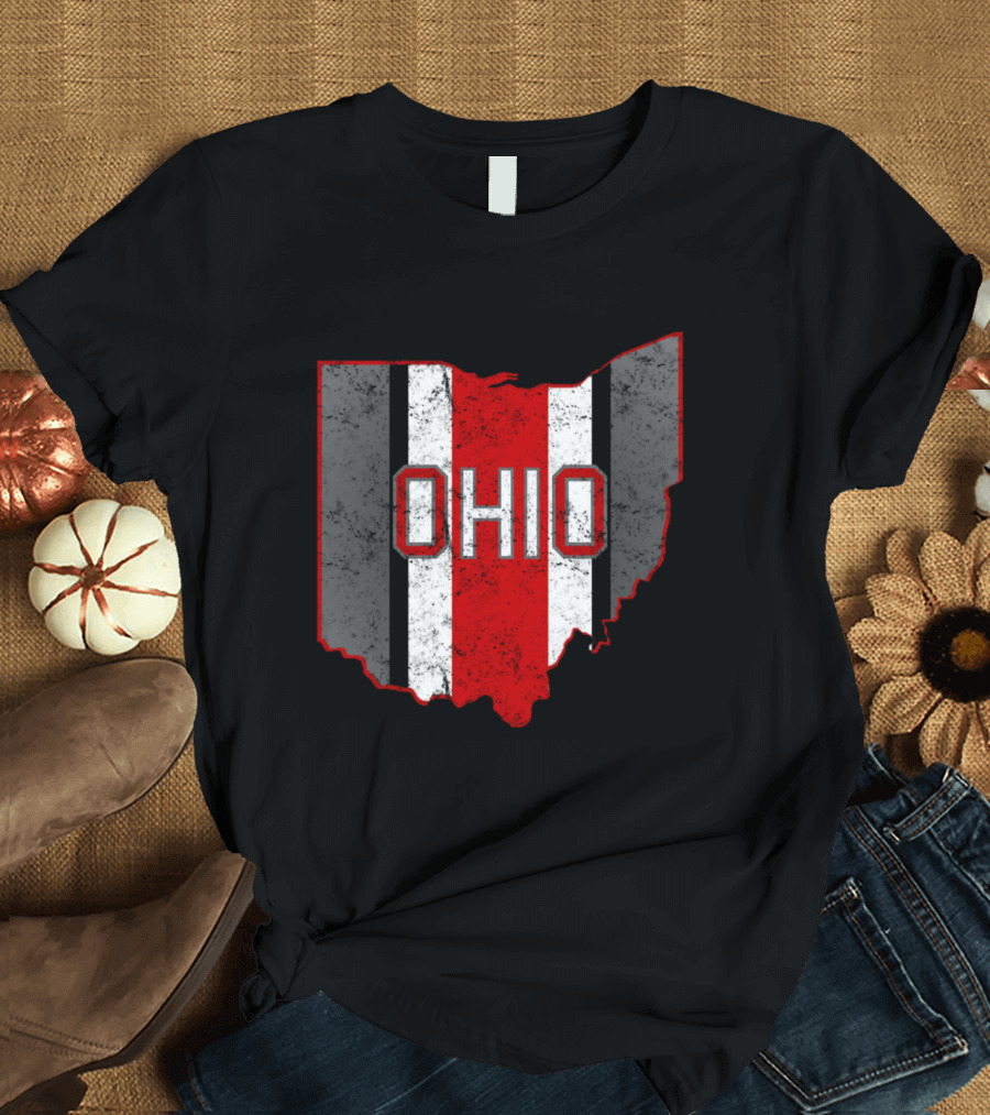 Ohio Pride Striped Distressed Map T-Shirt