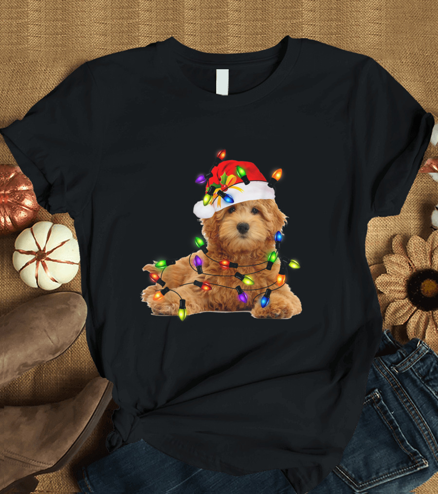 Goldendoodle Christmas Santa Hat with Festive Lights T-Shirt