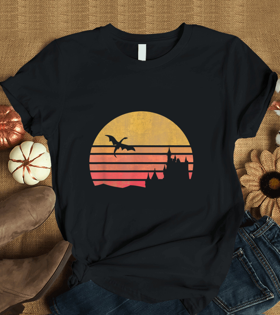 Retro Sunset Dragon Castle RPG Role Playing Game D20 T-Shirt