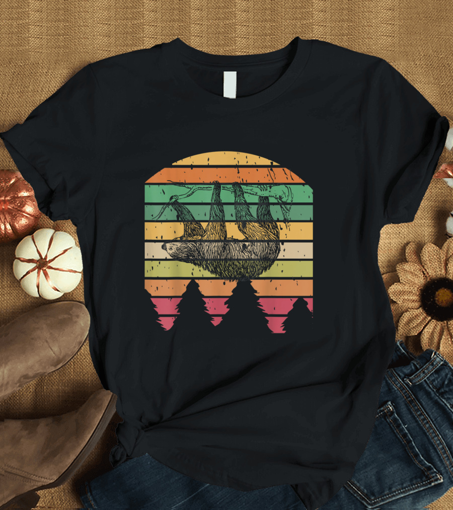 Vintage Sloth Hanging on Branch with Colorful Pine Trees Retro Stripes T-Shirt
