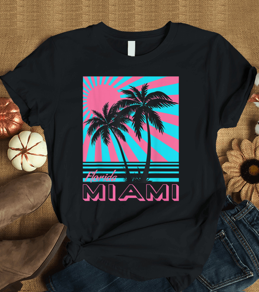 Florida Miami Retro Palm Trees Sunburst T-Shirt