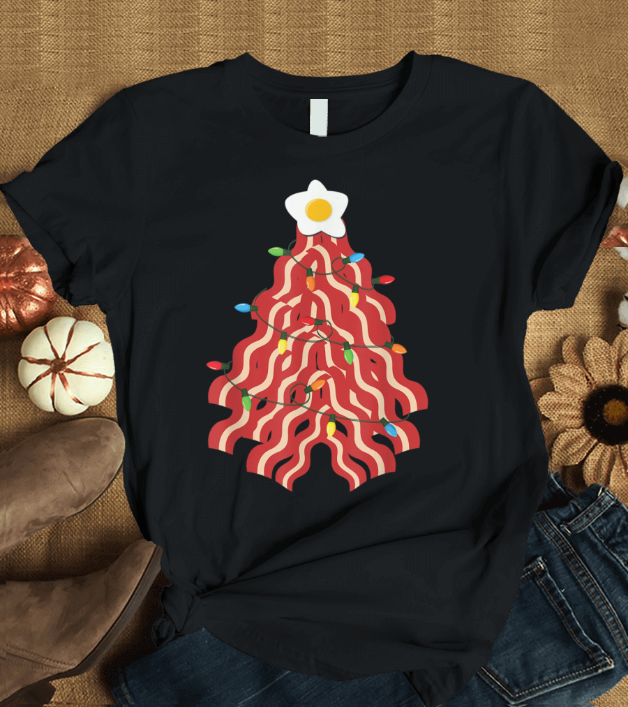 Bacon Christmas Tree with Egg Star and Lights for Pork Lovers T-Shirt