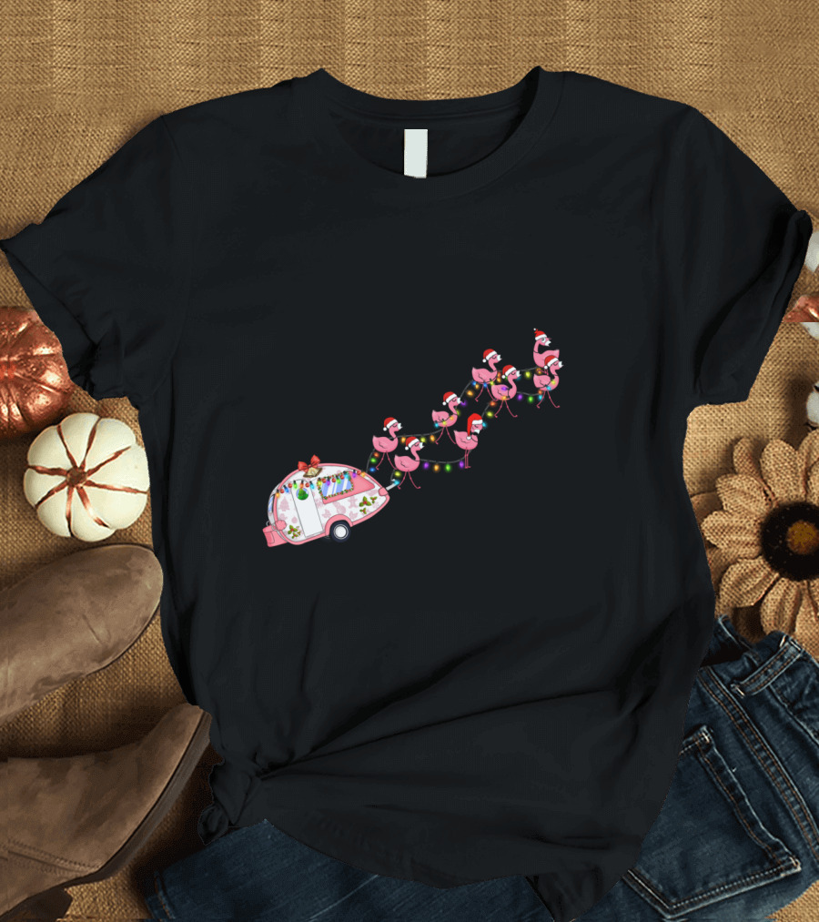 Flamingo Santa Christmas Camper Glamping Lights T-Shirt