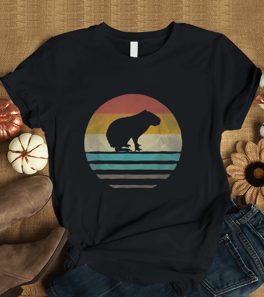 Capybara Retro Sunset Silhouette Vintage 70s Stripes T-Shirt