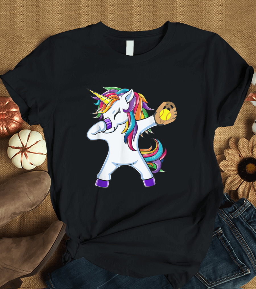 Dabbing Unicorn Softball Rainbow Mane Funny Dab T-Shirt